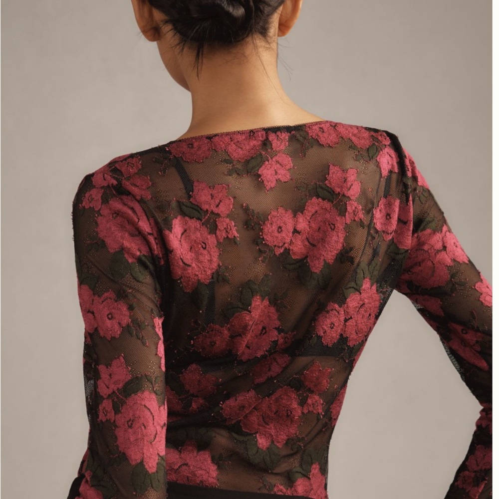 Underprotection X Anthropologie Sofia Sheer Black Lace Bodysuit in Pink Rose